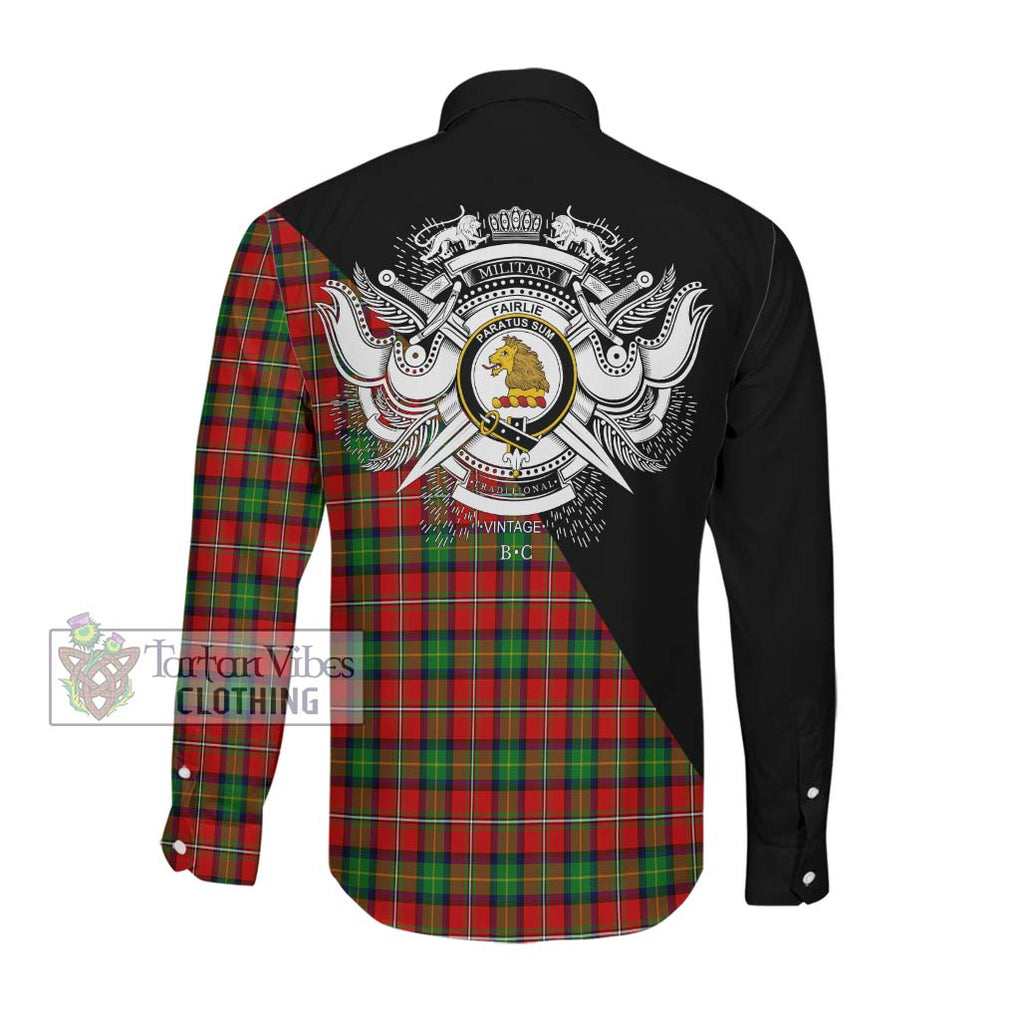 Fairlie Tartan Long Sleeve Button Shirt with Family Crest and Military Logo Style Men's Shirt - Tartanvibesclothing Shop