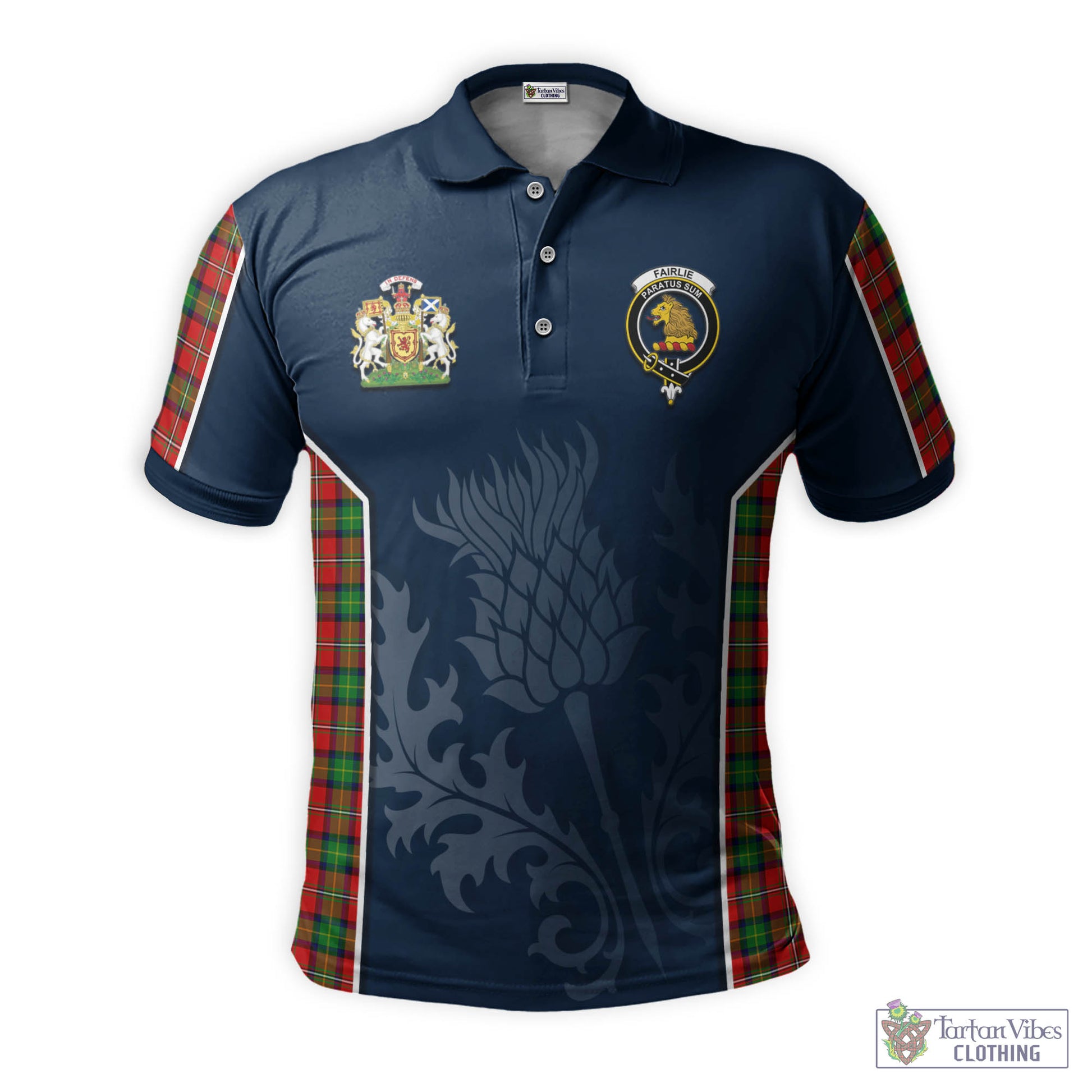 Tartan Vibes Clothing Fairlie Modern Tartan Men's Polo Shirt with Family Crest and Scottish Thistle Vibes Sport Style