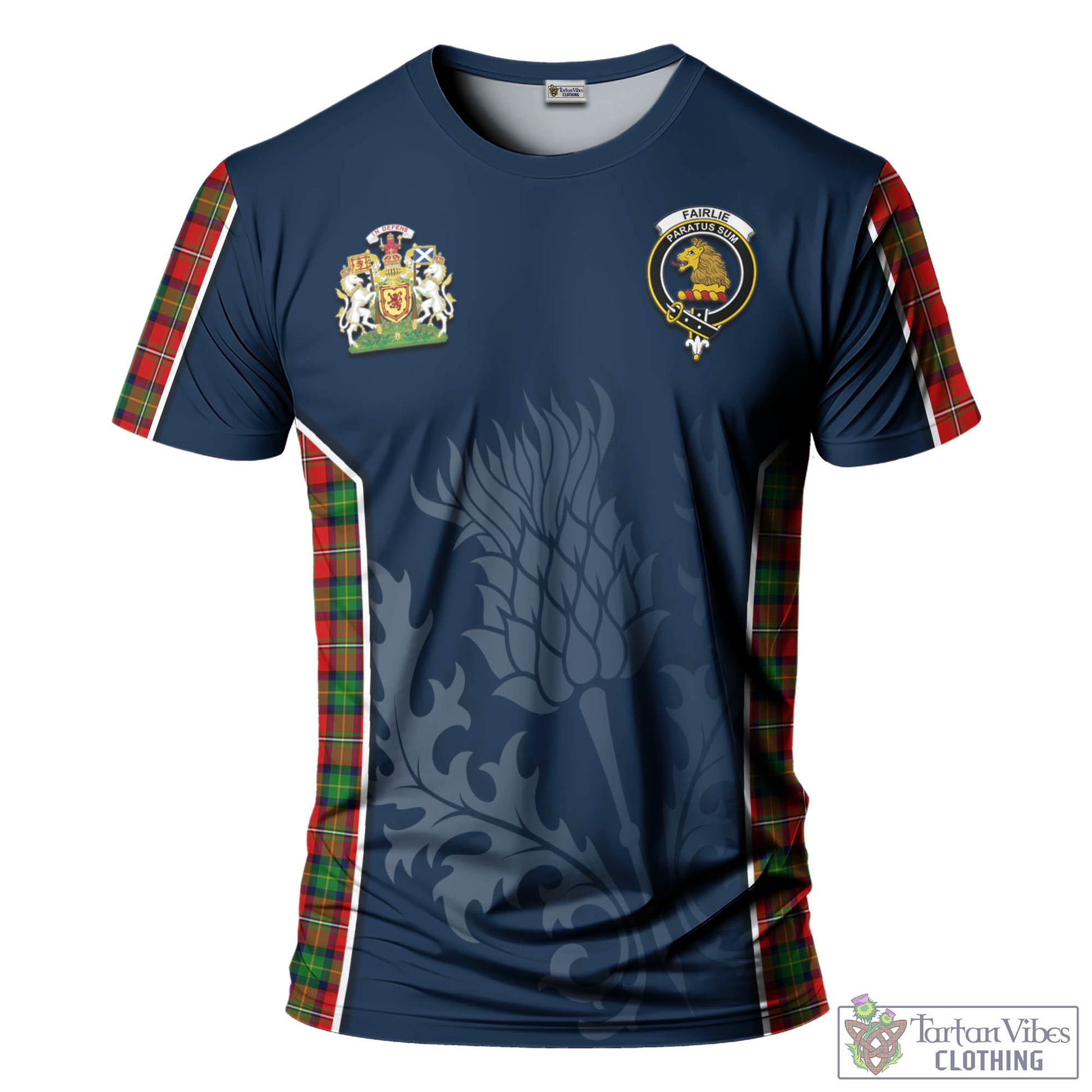 Tartan Vibes Clothing Fairlie Modern Tartan T-Shirt with Family Crest and Scottish Thistle Vibes Sport Style