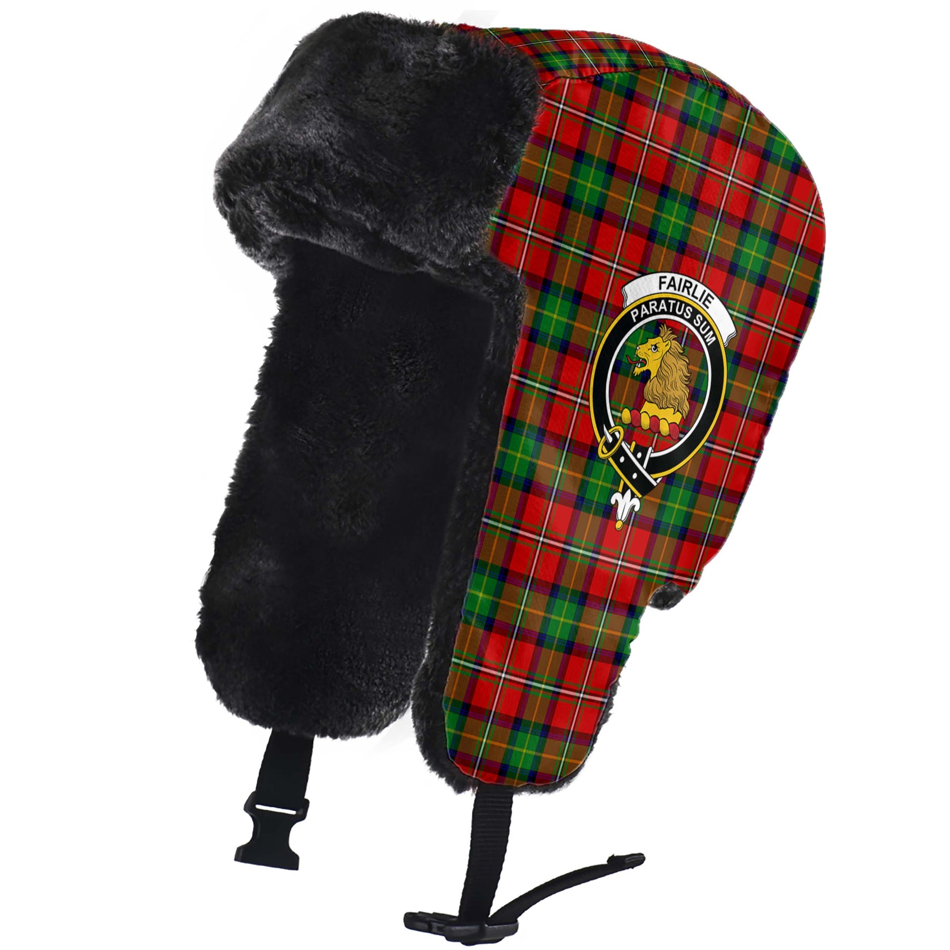 Fairlie Modern Tartan Winter Trapper Hat with Family Crest - Tartanvibesclothing
