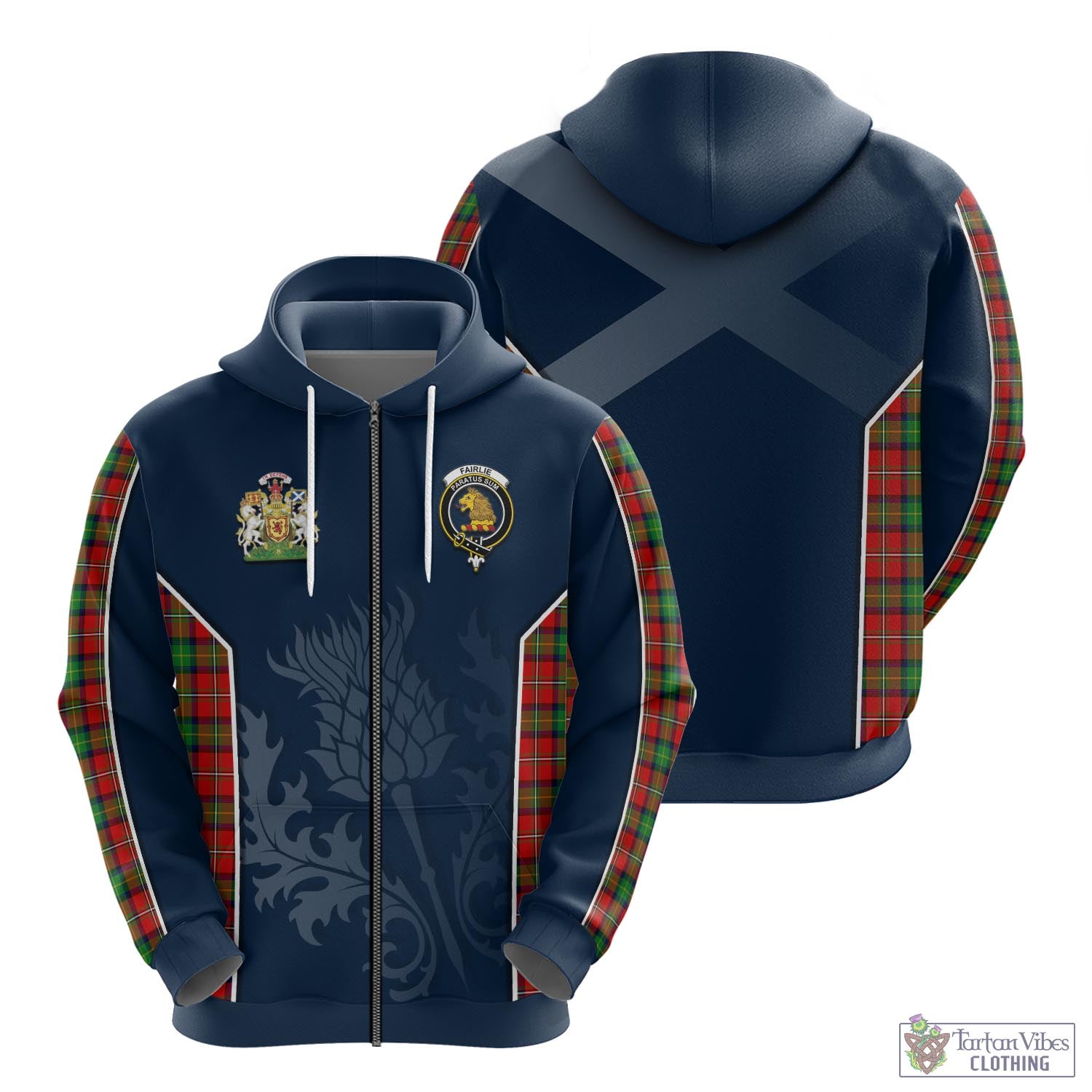 Tartan Vibes Clothing Fairlie Modern Tartan Hoodie with Family Crest and Scottish Thistle Vibes Sport Style