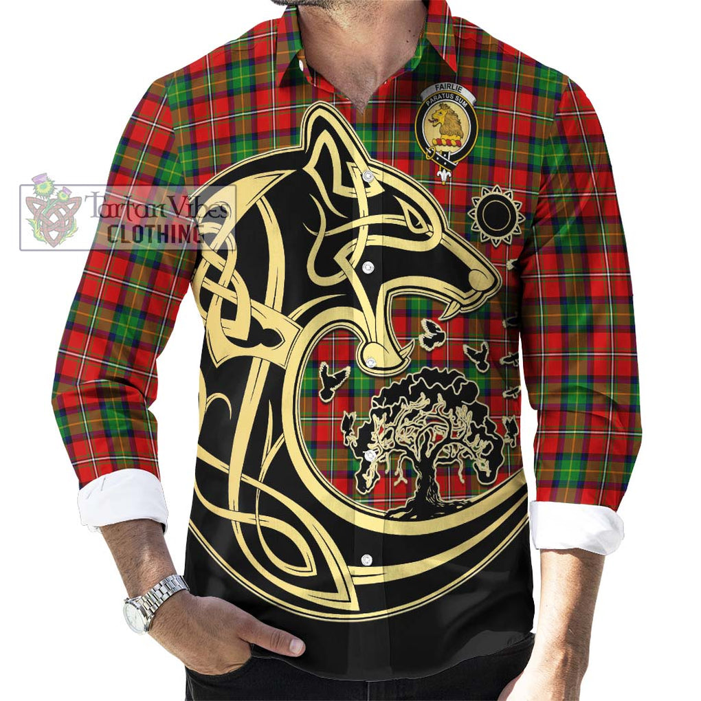 Fairlie Tartan Long Sleeve Button Shirt with Family Crest Celtic Wolf Style - Tartan Vibes Clothing