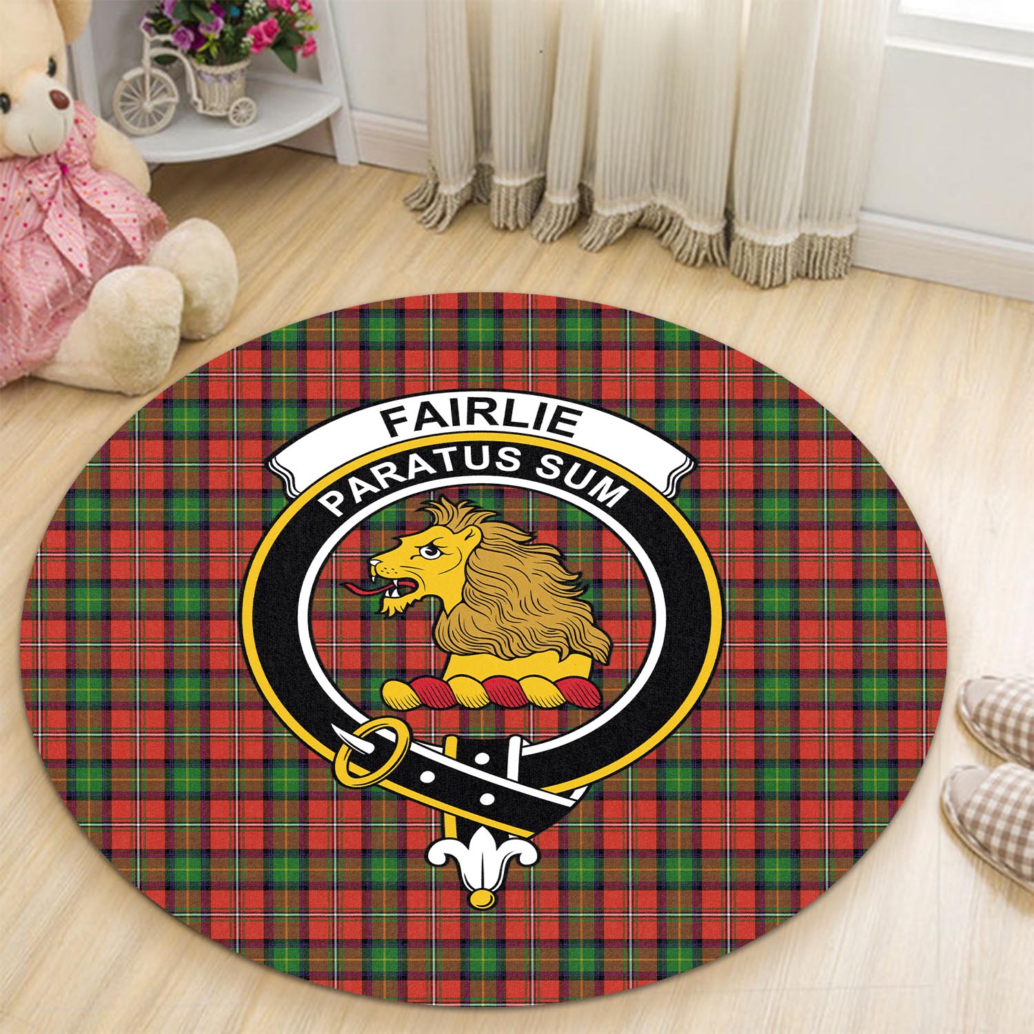 Fairlie Modern Tartan Round Rug with Family Crest - Tartanvibesclothing