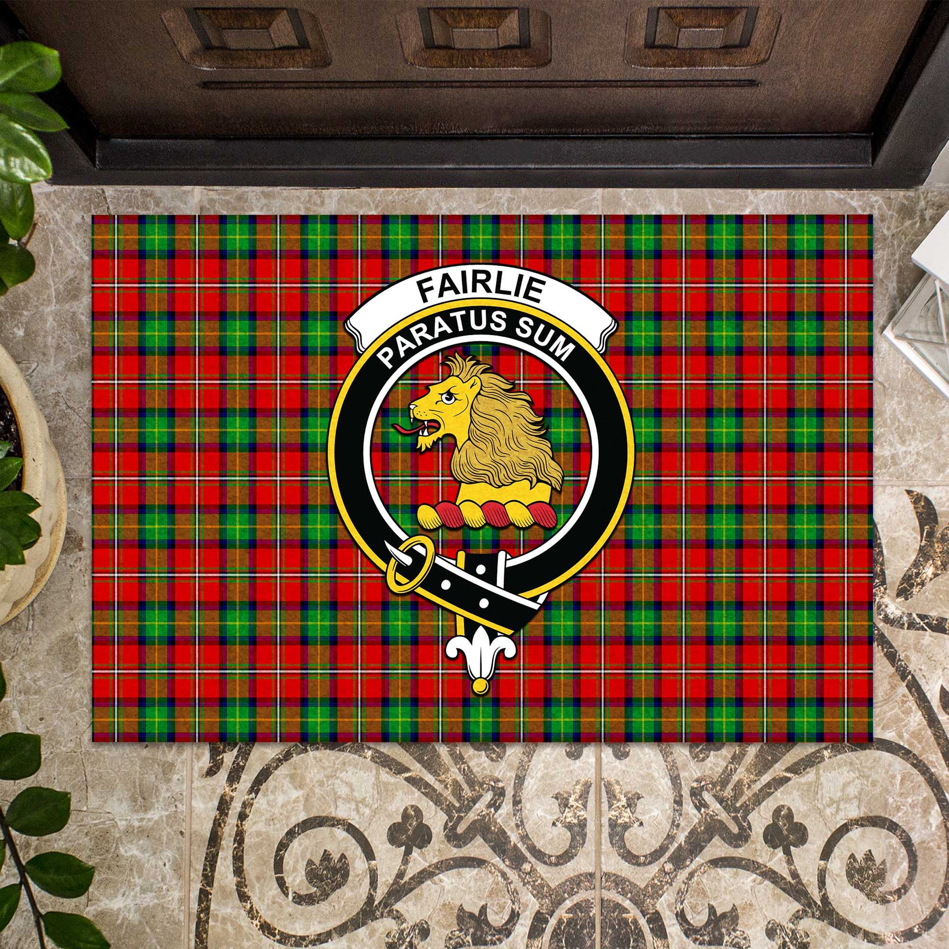 Fairlie Modern Tartan Door Mat with Family Crest - Tartanvibesclothing