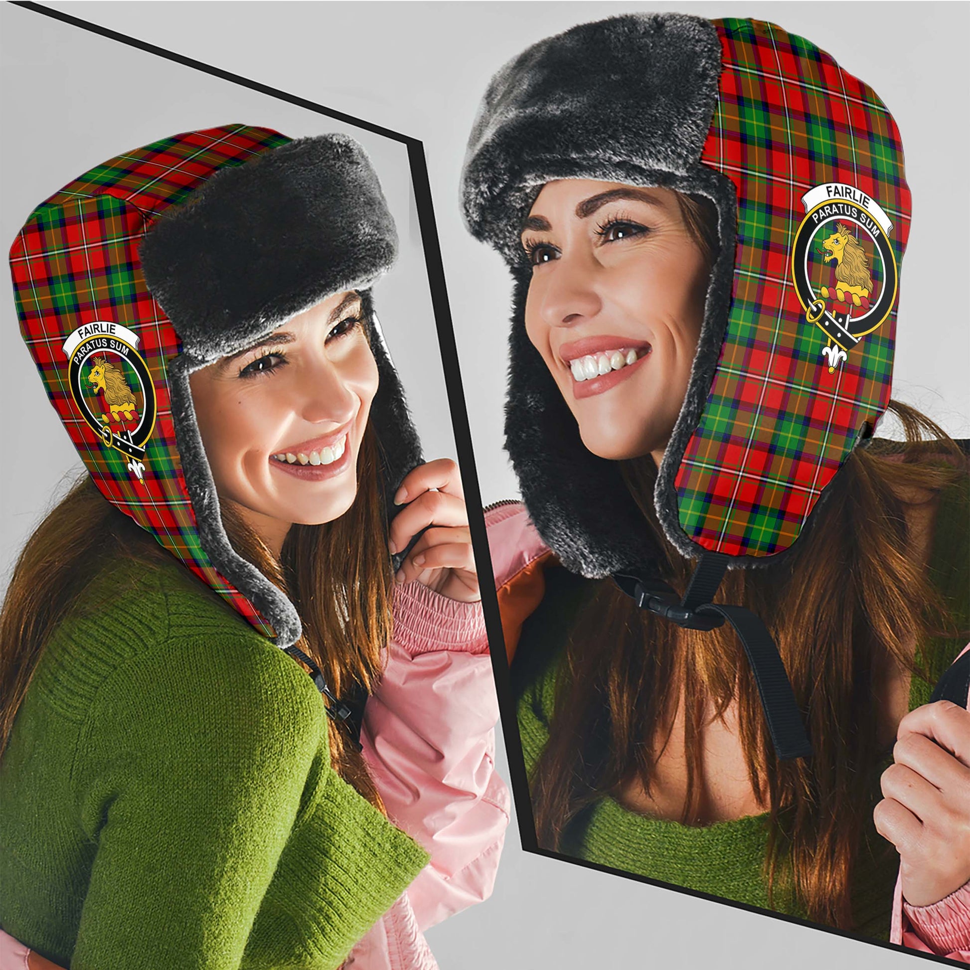 Fairlie Modern Tartan Winter Trapper Hat with Family Crest - Tartanvibesclothing