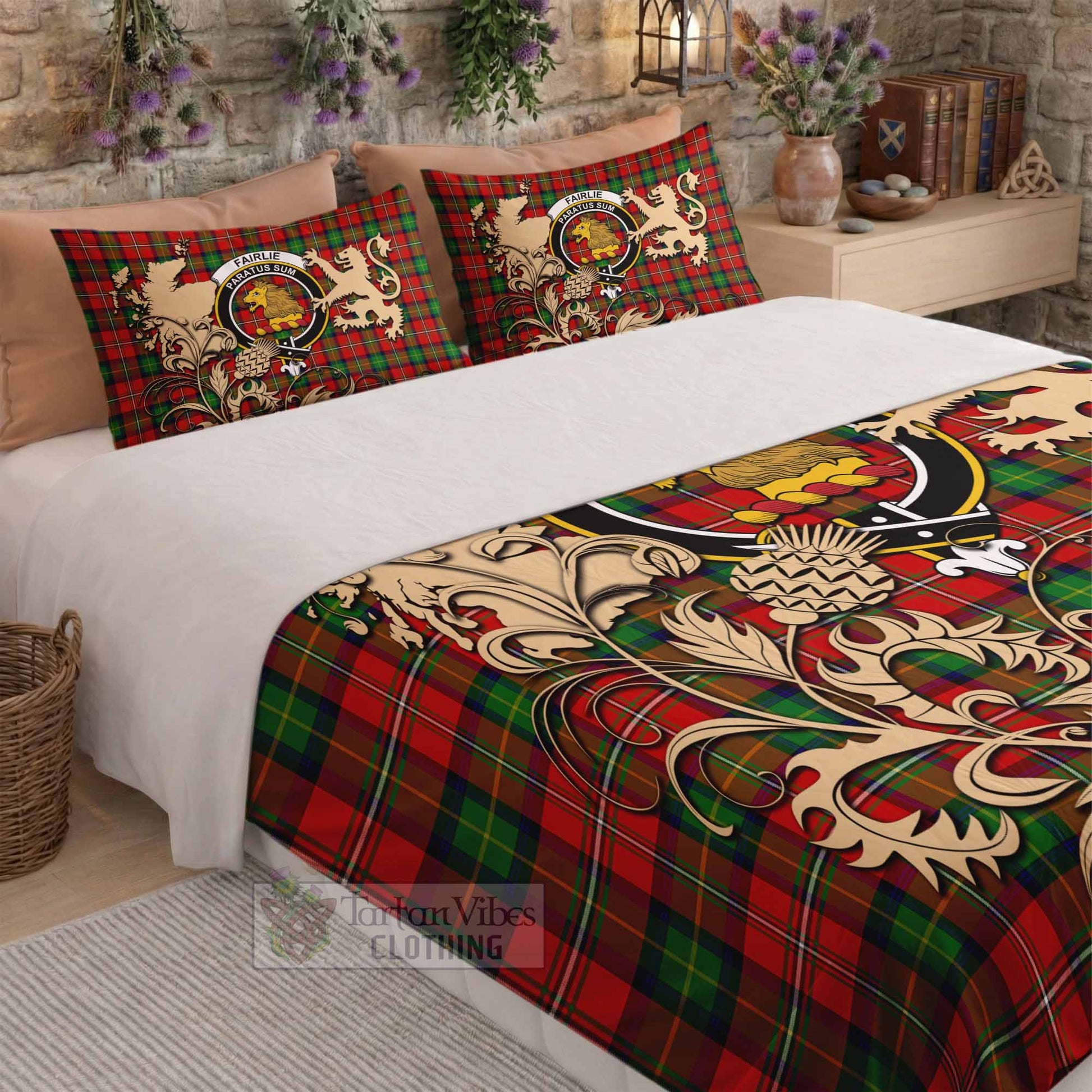 Fairlie Tartan Crest Bedding Set with Scottish Iconic Symbols 