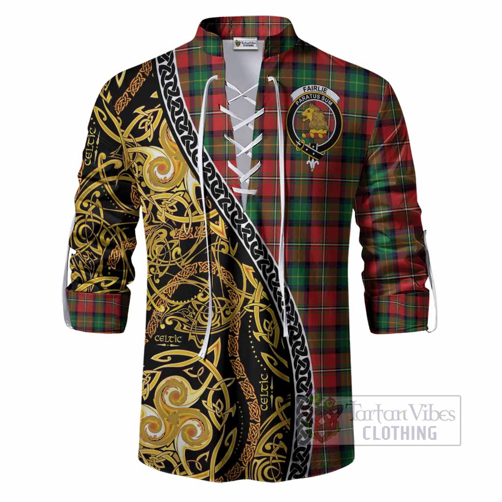 Fairlie Tartan Crest Ghillie Shirt Celtic Knot and Triple Trickle Spiral Symbols