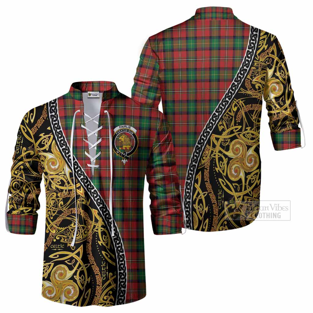 Fairlie Tartan Crest Ghillie Shirt Celtic Knot and Triple Trickle Spiral Symbols