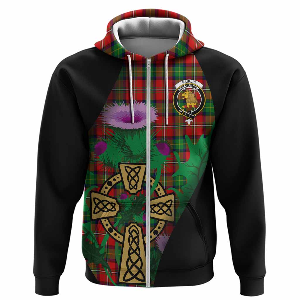 Fairlie Tartan Crest Hoodie Celtic Cross Thistle Flowers