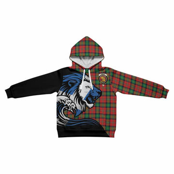 Fairlie Tartan Crest Kid Hoodie Scottish Golden Lions Wave Flow