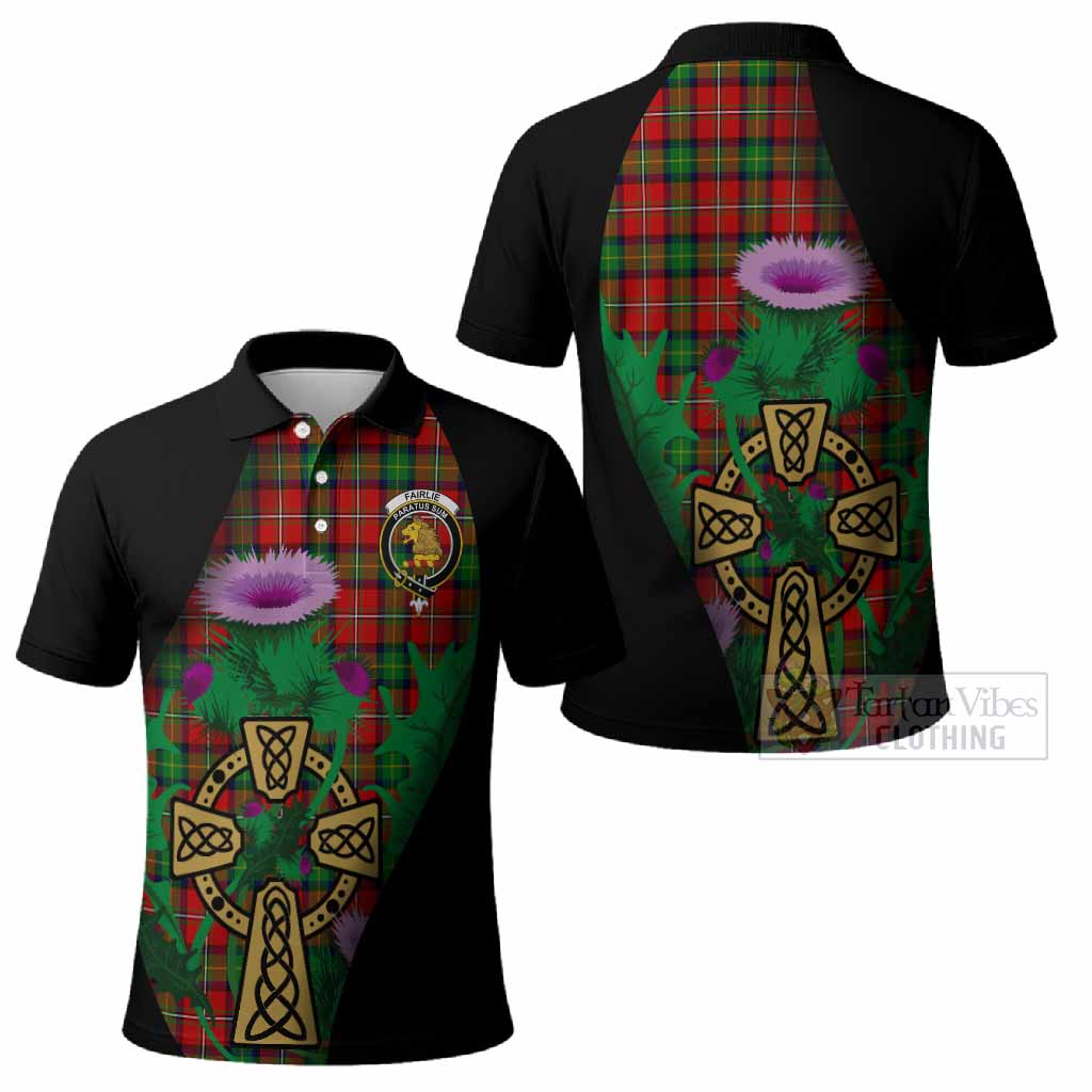 Fairlie Tartan Crest Polo Shirt Celtic Cross Thistle Flowers