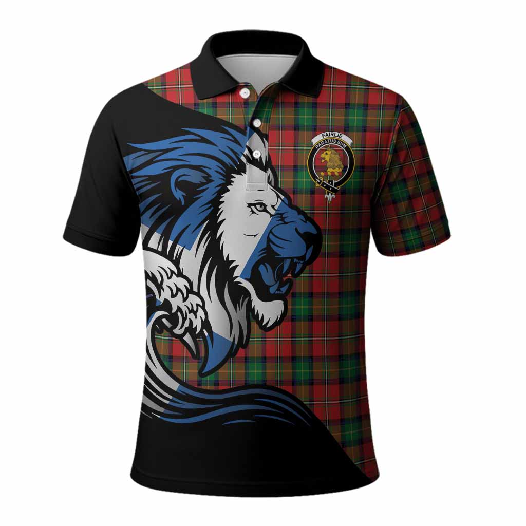 Fairlie Tartan Crest Polo Shirt Scottish Golden Lions Wave Flow