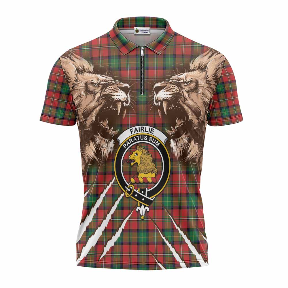 Fairlie Tartan Crest Zipper Polo Shirt Ferocious Lion Style