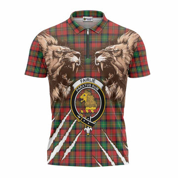 Fairlie Tartan Crest Zipper Polo Shirt Ferocious Lion Style