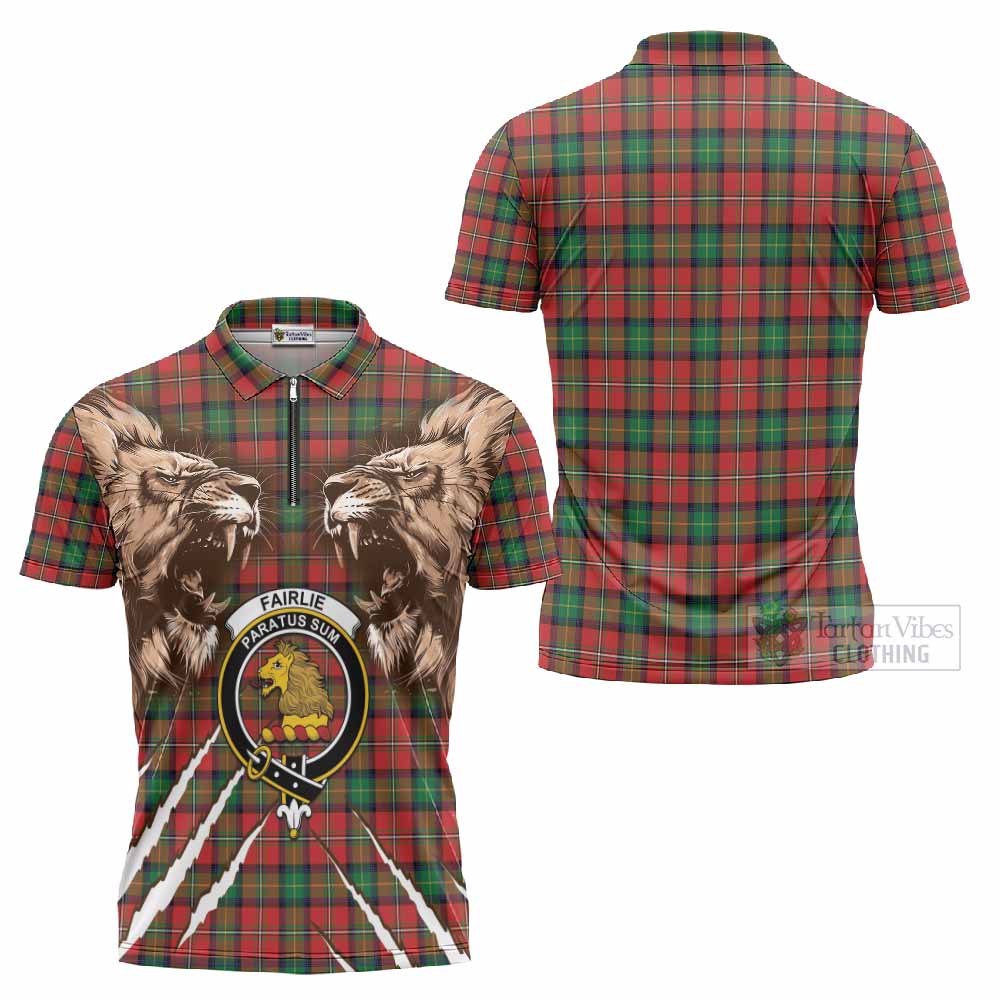 Fairlie Tartan Crest Zipper Polo Shirt Ferocious Lion Style