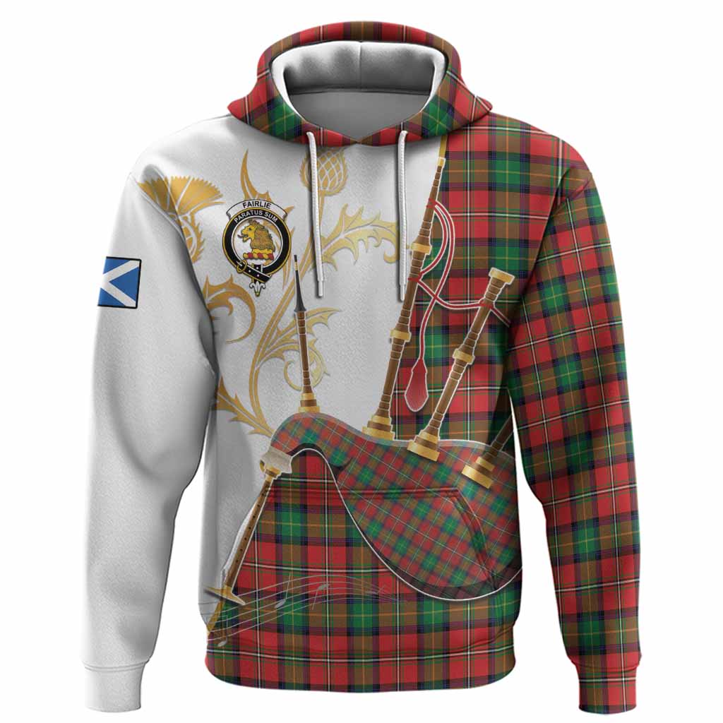 Fairlie Tartan Family Crest Hoodie Bagpipes with Scottish Thistle