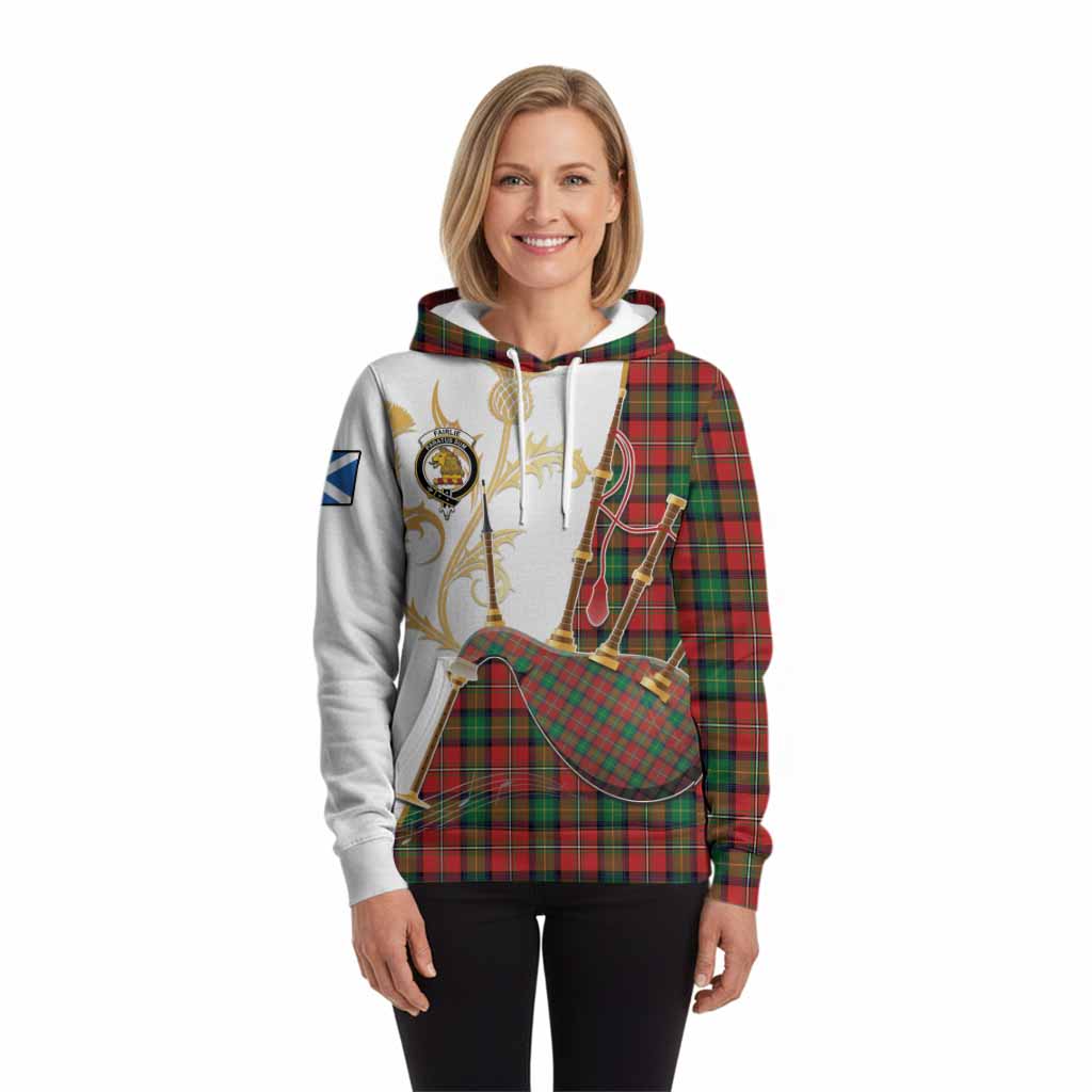 Fairlie Tartan Family Crest Hoodie Bagpipes with Scottish Thistle