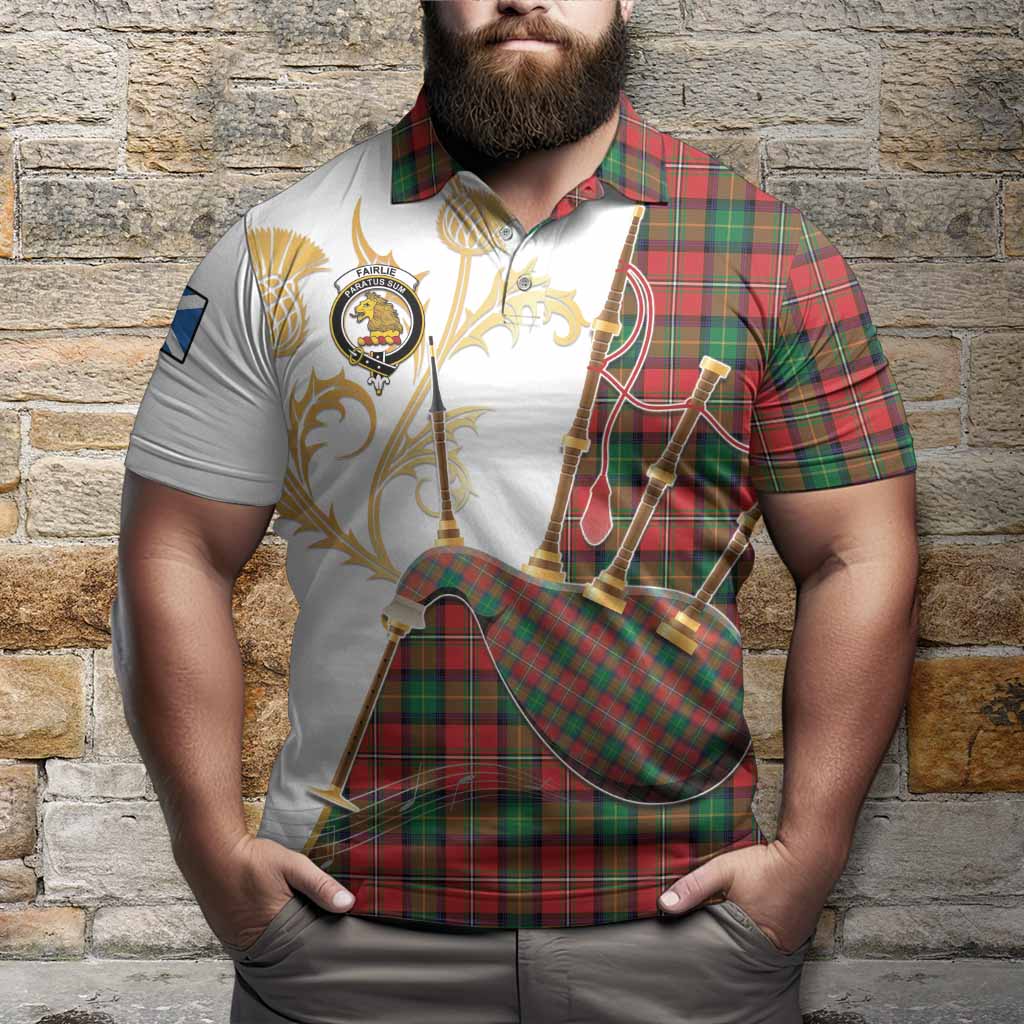 Fairlie Tartan Family Crest Polo Shirt Bagpipes with Scottish Thistle