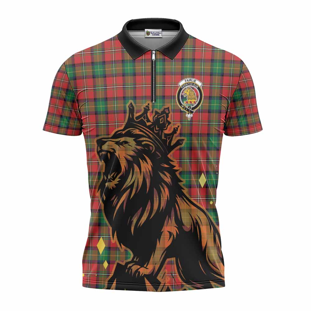 Fairlie Tartan Family Crest Zipper Polo Shirt Crowned Lion Roaring
