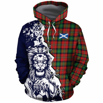 Fairlie Tartan Scottish Cotton Hoodie Angry Lion With Soccer Ball Style