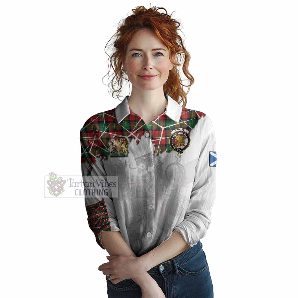 Fairlie Tartan Women Casual Shirt with Family Crest and Lion Rampant Grunge Style