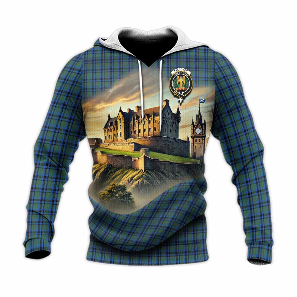 Falconer Tartan Family Crest Knitted Hoodie with Scottish Ancient Castle Style Unisex Knitted Pullover Hoodie - Tartan Vibes Clothing