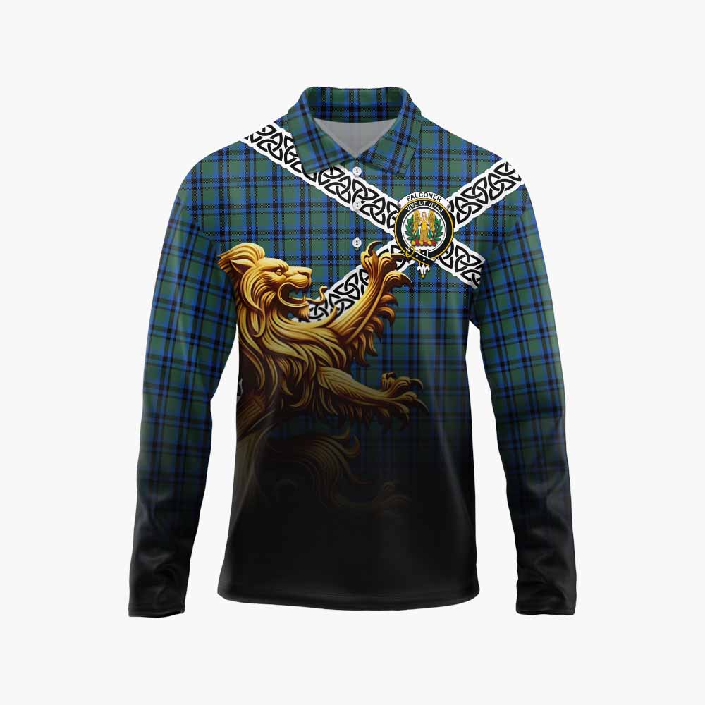 Falconer Crest Tartan Long Sleeve Polo Shirt with Golden Lion Emblem Celtic Style Unisex - Tartan Vibes Clothing
