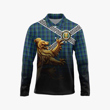 Falconer Crest Tartan Long Sleeve Polo Shirt with Golden Lion Emblem Celtic Style Unisex - Tartan Vibes Clothing