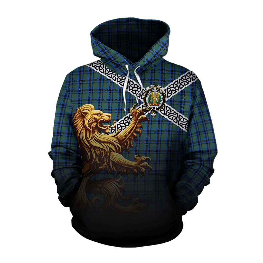 Falconer Crest Tartan Cotton Hoodie with Golden Lion Emblem Celtic Style Pullover Hoodie XS - Tartan Vibes Clothing