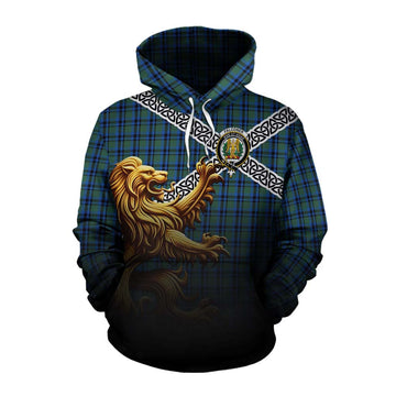 Falconer Crest Tartan Cotton Hoodie with Golden Lion Emblem Celtic Style Pullover Hoodie XS - Tartan Vibes Clothing