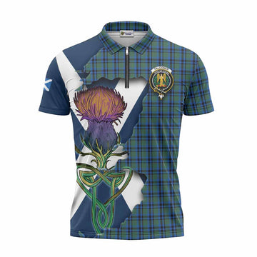 Tartan Vibes Clothing Falconer Tartan Family Crest Zipper Polo Shirt Scottish Thistle Celtic Inspired