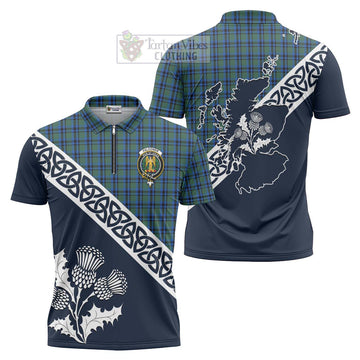 Falconer Tartan Zipper Polo Shirt Featuring Thistle and Scotland Map Unisex - Tartanvibesclothing Store