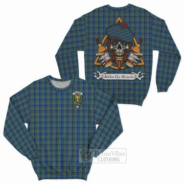 Falconer Tartan Sweatshirt with Family Crest and Bearded Skull Holding Bottles of Whiskey Unisex - Tartan Vibes Clothing