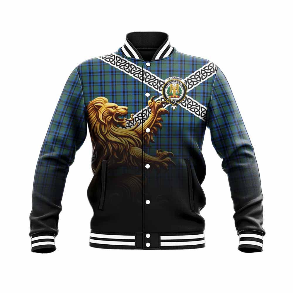 Falconer Crest Tartan Baseball Jacket with Golden Lion Emblem Celtic Style Unisex - Tartan Vibes Clothing
