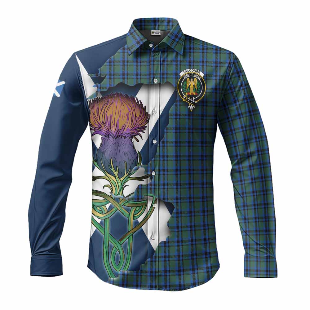 Tartan Vibes Clothing Falconer Tartan Family Crest Long Sleeve Button Shirt Scottish Thistle Celtic Inspired