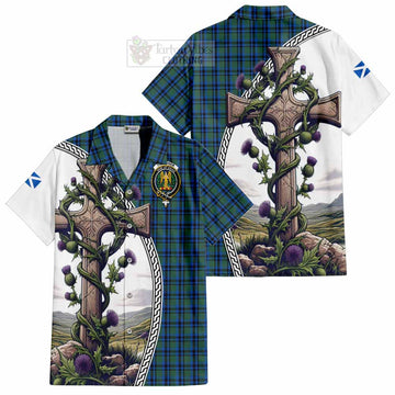 Falconer Tartan Hawaiian Shirt with Family Crest and St. Andrew's Cross Accented by Thistle Vines Kid - Tartan Vibes Clothing