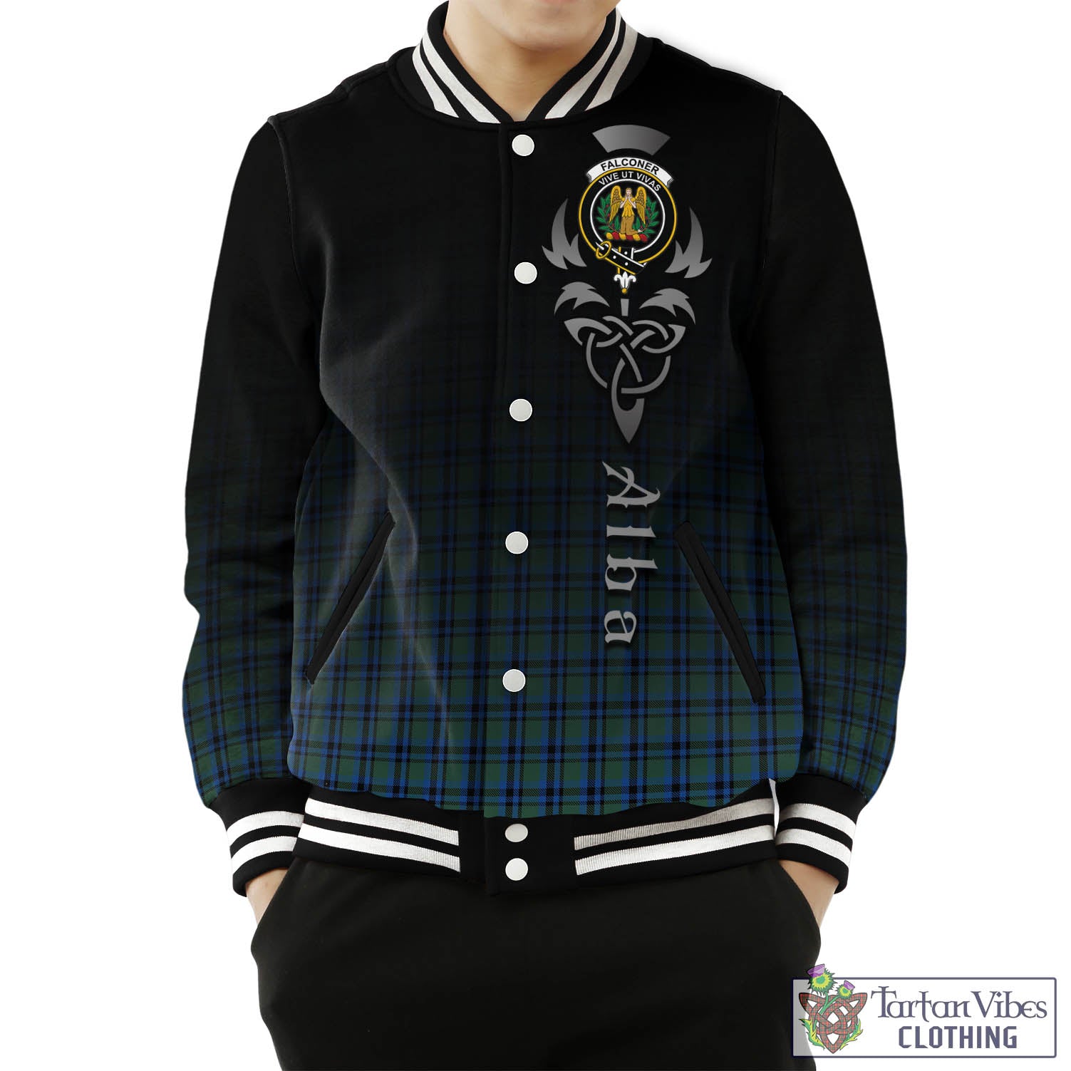 Falconer Tartan Baseball Jacket Featuring Alba Gu Brath Family Crest Celtic Inspired Unisex - Tartan Vibes Clothing