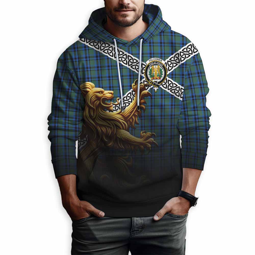 Falconer Crest Tartan Hoodie with Golden Lion Emblem Celtic Style Pullover Hoodie - Tartan Vibes Clothing