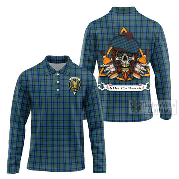 Falconer Tartan Long Sleeve Polo Shirt with Family Crest and Bearded Skull Holding Bottles of Whiskey Unisex - Tartan Vibes Clothing