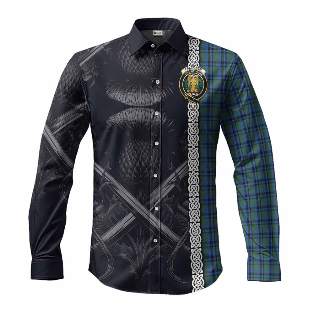 Tartan Vibes Clothing Falconer Tartan Long Sleeve Button Shirt with Family Crest Cross Sword Thistle Celtic Vibes