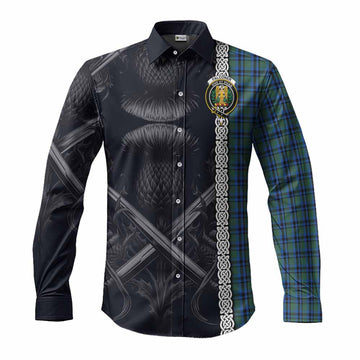 Tartan Vibes Clothing Falconer Tartan Long Sleeve Button Shirt with Family Crest Cross Sword Thistle Celtic Vibes