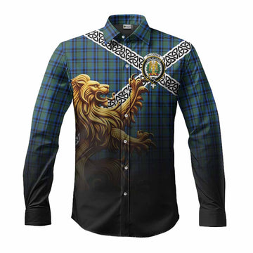 Falconer Crest Tartan Long Sleeve Button Shirt with Golden Lion Emblem Celtic Style Men's Shirt S - Tartan Vibes Clothing