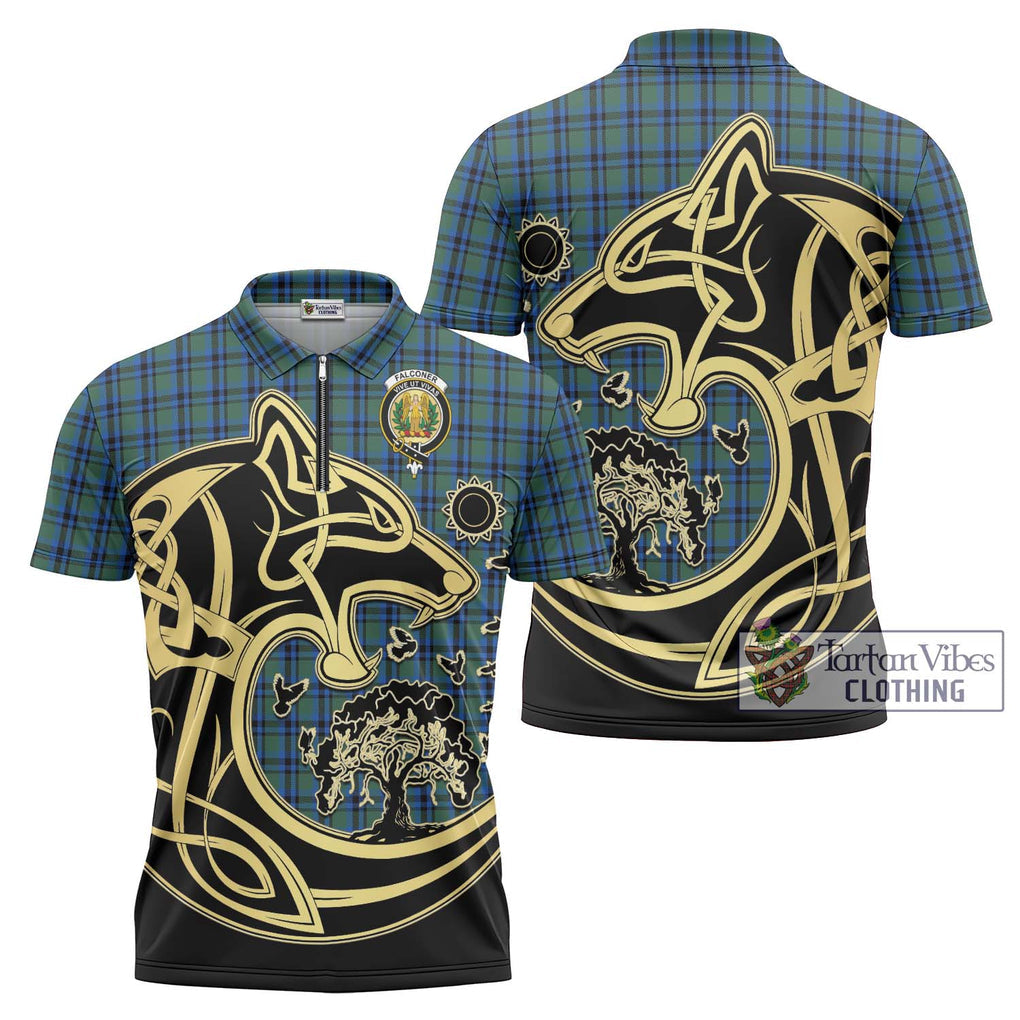 Falconer Tartan Zipper Polo Shirt with Family Crest Celtic Wolf Style Unisex - Tartan Vibes Clothing