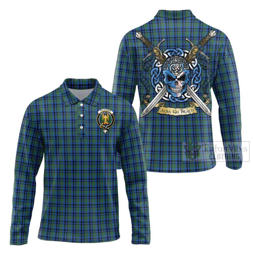 Falconer Tartan Long Sleeve Polo Shirt with Family Crest Celtic Skull Style Unisex - Tartan Vibes Clothing