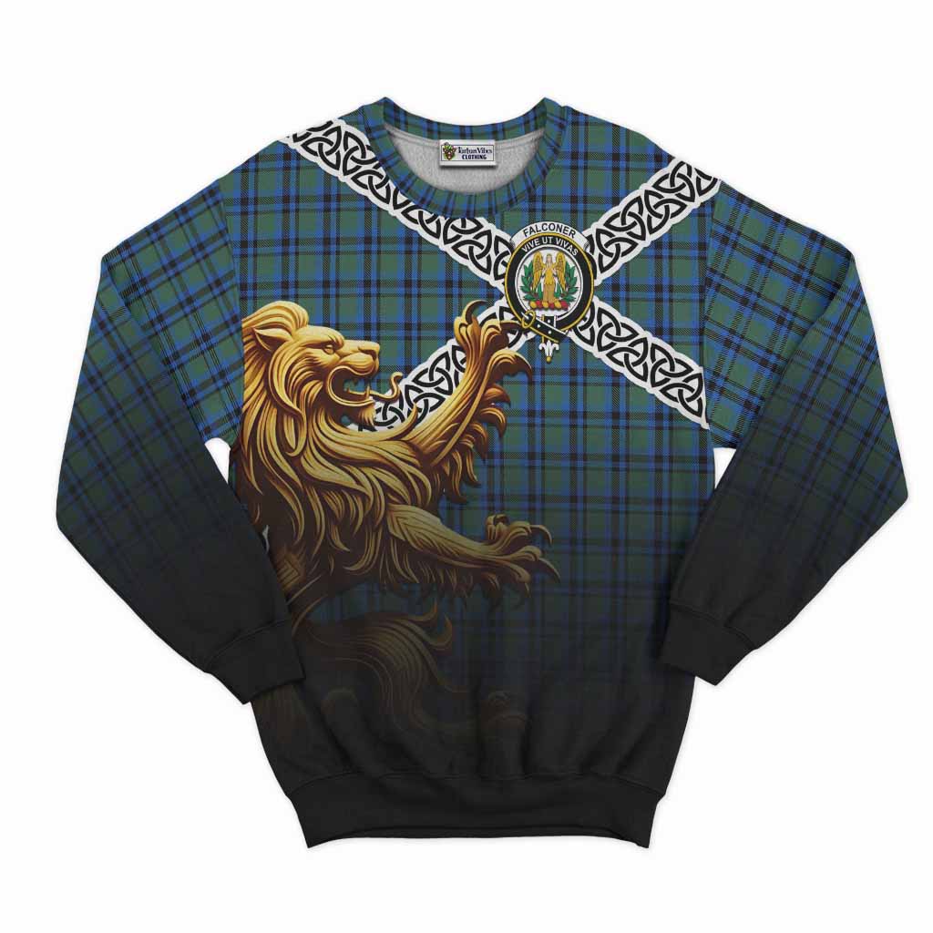 Falconer Crest Tartan Sweatshirt with Golden Lion Emblem Celtic Style Unisex - Tartan Vibes Clothing