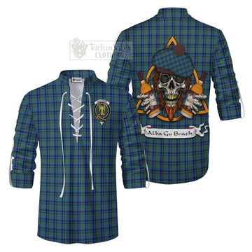 Falconer Tartan Ghillie Kilt Shirt with Family Crest and Bearded Skull Holding Bottles of Whiskey Men - Tartan Vibes Clothing