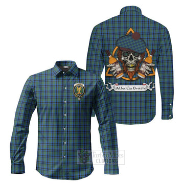 Falconer Tartan Long Sleeve Button Shirt with Family Crest and Bearded Skull Holding Bottles of Whiskey Men's Shirt S - Tartan Vibes Clothing