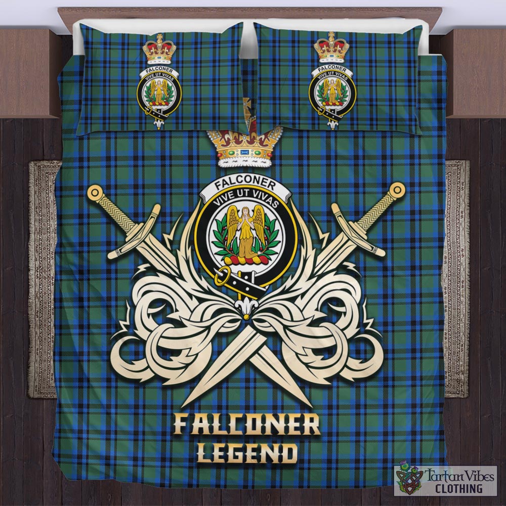 Tartan Vibes Clothing Falconer Tartan Bedding Set with Clan Crest and the Golden Sword of Courageous Legacy