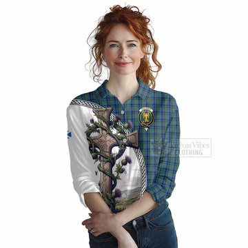 Tartan Vibes Clothing Falconer Tartan Women's Casual Shirt with Family Crest and St. Andrew's Cross Accented by Thistle Vines