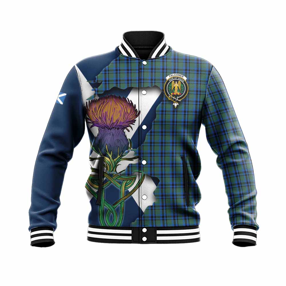 Tartan Vibes Clothing Falconer Tartan Family Crest Baseball Jacket Scottish Thistle Celtic Inspired
